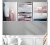 Artze Wall Art Set Of 3 Abstract Navy Blue Grey Blush Pink Oil Wall Art Prints / 50X70Cm / White Frame