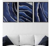 Artze Wall Art Set Of 3 Abstract Navy Blue Silver Strokes Wall Art Prints / 50X70Cm / Black Frame