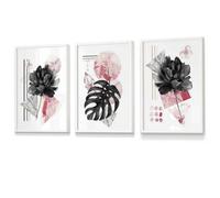Artze Wall Art Set Of 3 Abstract Pink And Black Botanical Wall Art Prints / 30X42Cm (A3) / White Frame