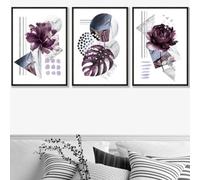 Artze Wall Art Set Of 3 Abstract Purple And Silver Botanical Wall Art Prints / 30X42Cm (A3) / Black Frame