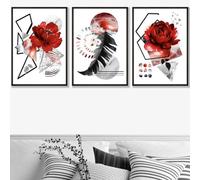 Artze Wall Art Set Of 3 Abstract Red And Black Botanical Wall Art Prints / 30X42Cm (A3) / Black Frame