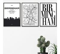 Artze Wall Art Set Of 3 Birmingham Skyline Street Map City Prints Wall Art Prints / 42X59Cm (A2) / Black Frame