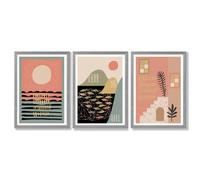 Artze Wall Art Set of 3 Boho Pink and Green Amalfi Framed Art Prints - Light Grey - 30x42cm (A3)