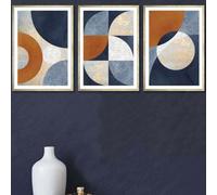 Artze Wall Art Set Of 3 Geometric Abstract Textured Circles In Navy Blue Orange Gold Wall Art Prints / 42X59Cm (A2) / Gold Frame