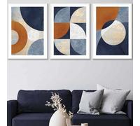 Artze Wall Art Set Of 3 Geometric Abstract Textured Circles In Navy Blue Orange Gold Wall Art Prints / 50X70Cm / White Frame