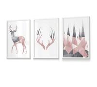 Artze Wall Art Set Of 3 Geometric Blush Pink Grey Stags Set Wall Art Prints / 30X42Cm (A3) / White Frame