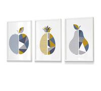 Artze Wall Art Set Of 3 Geometric Fruit Apple Blue Yellow Wall Art Prints / 30X42Cm (A3) / White Frame