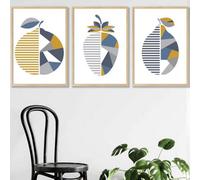 Artze Wall Art Set Of 3 Geometric Fruit Strawberry Blue Yellow Wall Art Prints / 50X70Cm / Oak Frame