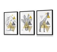 Artze Wall Art Set Of 3 Geometric Line Art Yellow Giraffe Tree Set Wall Art Prints / 30X42Cm (A3) / Black Frame