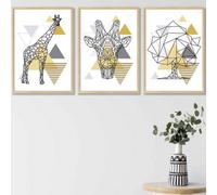 Artze Wall Art Set Of 3 Geometric Line Art Yellow Giraffe Tree Set Wall Art Prints / 42X59Cm (A2) / Oak Frame