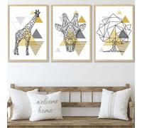Artze Wall Art Set Of 3 Geometric Line Art Yellow Giraffe Tree Set Wall Art Prints / 50X70Cm / Oak Frame