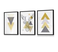 Artze Wall Art Set Of 3 Geometric Line Art Yellow Stag Head Triangles Wall Art Prints / 30X42Cm (A3) / Black Frame