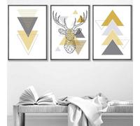 Artze Wall Art Set Of 3 Geometric Line Art Yellow Stag Head Triangles Wall Art Prints / 42X59Cm (A2) / Dark Grey Frame