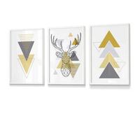 Artze Wall Art Set Of 3 Geometric Line Art Yellow Stag Head Triangles Wall Art Prints / 50X70Cm / White Frame