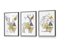 Artze Wall Art Set Of 3 Geometric Line Art Yellow Stags Tree Set Wall Art Prints / 30X42Cm (A3) / Dark Grey Frame
