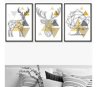 Artze Wall Art Set Of 3 Geometric Line Art Yellow Stags Tree Set Wall Art Prints / 50X70Cm / Black Frame