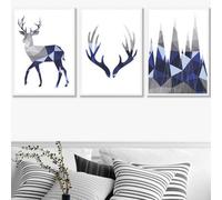 Artze Wall Art Set Of 3 Geometric Navy Blue Grey Stags Set Wall Art Prints / 50X70Cm / White Frame