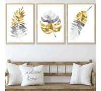 Artze Wall Art Set Of 3 Geometric Tropical Leaves In Yellow Grey Wall Art Prints / 50X70Cm / Oak Frame