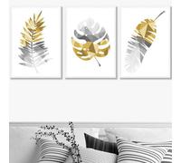 Artze Wall Art Set Of 3 Geometric Tropical Leaves In Yellow Grey Wall Art Prints / 50X70Cm / White Frame