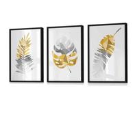 Artze Wall Art Set Of 3 Geometric Yellow Grey Tropical Leaves Wall Art Prints / 42X59Cm (A2) / Black Frame