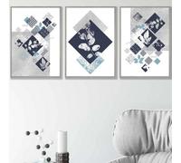 Artze Wall Art Set Of 3 Graphical Abstract Floral Navy Blue Grey Wall Art Prints / 42X59Cm (A2) / Light Grey Frame