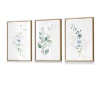 Artze Wall Art Set Of 3 Green Blue Watercolour Eucalyptus Set 2 Wall Art Prints / 30X42Cm (A3) / Oak Frame