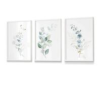 Artze Wall Art Set Of 3 Green Blue Watercolour Eucalyptus Set 2 Wall Art Prints / 30X42Cm (A3) / White Frame