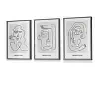 Artze Wall Art Set Of 3 Grey Abstract Line Art Faces Wall Art Prints / 30X42Cm (A3) / Dark Grey Frame