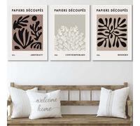 Artze Wall Art Set Of 3 Matisse Style Floral Cut Out Brown & Black Wall Art Prints / 50X70Cm / White Frame