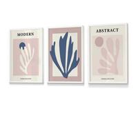 Artze Wall Art Set Of 3 Matisse Style Floral Cut Out Navy & Pink Wall Art Prints / 30X42Cm (A3) / White Frame