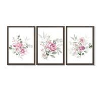 Artze Wall Art Set of 3 Pink Roses with Eucalyptus Bouquets Framed Art Prints - Dark Wood - 59x84cm (A1)