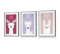 Artze Wall Art Set Of 3 Scandi Nursery Forest Animals Pink Lilac Wall Art Prints / 30X42Cm (A3) / Light Grey Frame