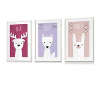 Artze Wall Art Set Of 3 Scandi Nursery Forest Animals Pink Lilac Wall Art Prints / 30X42Cm (A3) / White Frame