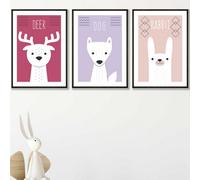 Artze Wall Art Set Of 3 Scandi Nursery Forest Animals Pink Lilac Wall Art Prints / 42X59Cm (A2) / Black Frame