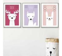 Artze Wall Art Set Of 3 Scandi Nursery Forest Animals Pink Lilac Wall Art Prints / 42X59Cm (A2) / Light Grey Frame