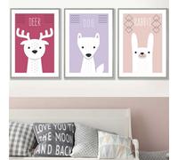 Artze Wall Art Set Of 3 Scandi Nursery Forest Animals Pink Lilac Wall Art Prints / 50X70Cm / Light Grey Frame