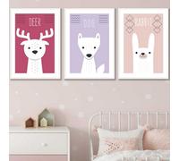 Artze Wall Art Set Of 3 Scandi Nursery Forest Animals Pink Lilac Wall Art Prints / 50X70Cm / White Frame