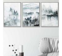 Artze Wall Art Set Of 3 Teal Blue Abstract Forest Lake Wall Art Prints / 42X59Cm (A2) / Light Grey Frame