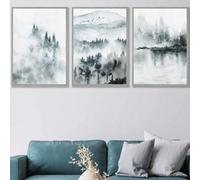 Artze Wall Art Set Of 3 Teal Blue Abstract Forest Lake Wall Art Prints / 50X70Cm / Light Grey Frame