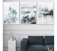 Artze Wall Art Set Of 3 Teal Blue Abstract Forest Lake Wall Art Prints / 50X70Cm / White Frame
