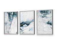 Artze Wall Art Set Of 3 Teal Blue Abstract Ocean Waves Wall Art Prints / 30X42Cm (A3) / Light Grey Frame