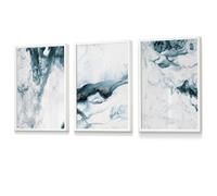 Artze Wall Art Set Of 3 Teal Blue Abstract Ocean Waves Wall Art Prints / 30X42Cm (A3) / White Frame