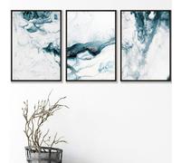 Artze Wall Art Set Of 3 Teal Blue Abstract Ocean Waves Wall Art Prints / 42X59Cm (A2) / Black Frame