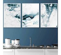 Artze Wall Art Set Of 3 Teal Blue Abstract Ocean Waves Wall Art Prints / 42X59Cm (A2) / White Frame