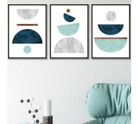 Artze Wall Art Set Of 3 Teal, Mint Green And Grey Abstract Mid Century Geometric Wall Art Prints / 42X59Cm (A2) / Black Frame