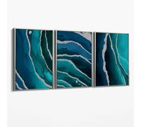 Artze Wall Art Set of 3 Teal, Navy Blue and Silver Canvas Art Prints - 30x42cm (A3) - Brushed Silver Float