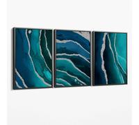 Artze Wall Art Set of 3 Teal, Navy Blue and Silver Canvas Art Prints - 50x70cm - Grey Float