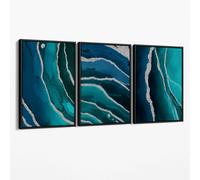 Artze Wall Art Set of 3 Teal, Navy Blue and Silver Canvas Art Prints - 59x84 cm (A1) - Black Float