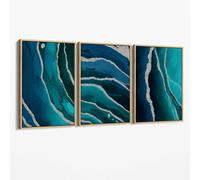 Artze Wall Art Set of 3 Teal, Navy Blue and Silver Canvas Art Prints - 59x84 cm (A1) - Oak Float