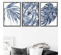 Artze Wall Art Set Of 3 Tropical Plants And Pattern Navy Blue Abstract Wall Art Prints / 42X59Cm (A2) / Black Frame